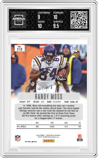 Randy Moss from the 2024 Panini Prizm Deca set featuring a Shimmer Black Gold Prizms FOTL parallel graded by Arena Club and given an overall grade of 9.5.