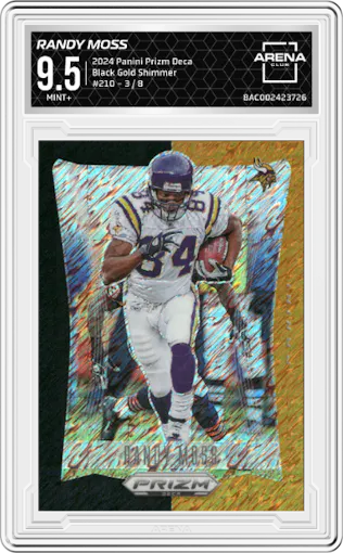 Randy Moss from the 2024 Panini Prizm Deca set featuring a Shimmer Black Gold Prizms FOTL parallel graded by Arena Club and given an overall grade of 9.5.