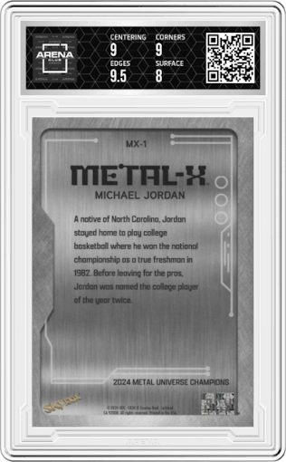 Michael Jordan from the 2024 SkyBox Metal Universe Champions set graded by Arena Club and given an overall grade of 8.5.
