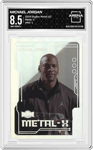Michael Jordan from the 2024 SkyBox Metal Universe Champions set graded by Arena Club and given an overall grade of 8.5.