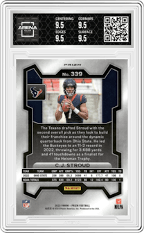 C.J. Stroud from the 2023 Panini Prizm set featuring a Silver Prizm parallel graded by Arena Club and given an overall grade of 9.5.