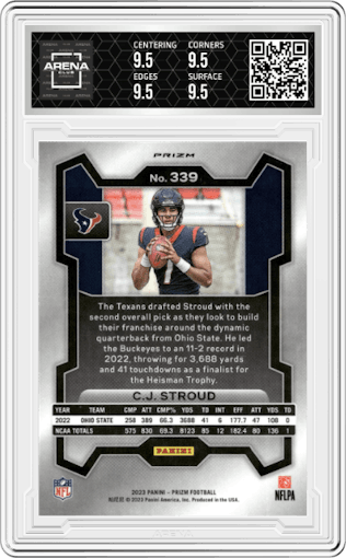 C.J. Stroud from the 2023 Panini Prizm set featuring a Silver Prizm parallel graded by Arena Club and given an overall grade of 9.5.