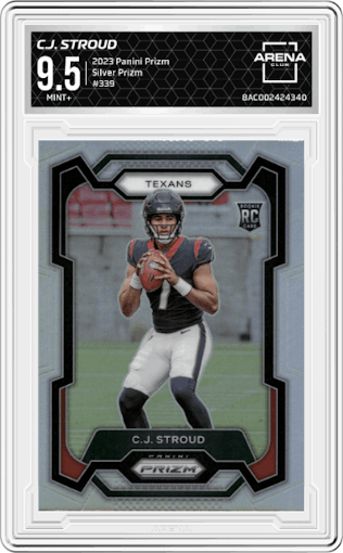 C.J. Stroud from the 2023 Panini Prizm set featuring a Silver Prizm parallel graded by Arena Club and given an overall grade of 9.5.