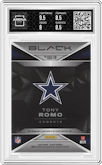 Tony Romo from the 2023 Panini Black set featuring a Royal parallel graded by Arena Club and given an overall grade of 8.5.