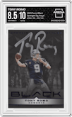 Tony Romo from the 2023 Panini Black set featuring a Royal parallel graded by Arena Club and given an overall grade of 8.5.