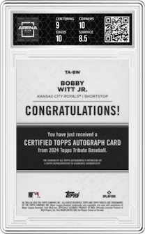 Bobby Witt Jr. from the 2024 Topps Tribute set featuring a Blue parallel and given an overall grade of 9.