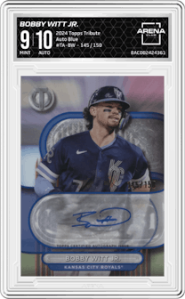 Bobby Witt Jr. from the 2024 Topps Tribute set featuring a Blue parallel and given an overall grade of 9.