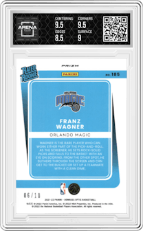 Franz Wagner from the 2021-22 Panini Donruss Optic set featuring a Fast Break Gold  parallel graded by Arena Club and given an overall grade of 9.