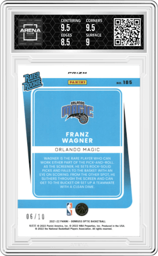 Franz Wagner from the 2021-22 Panini Donruss Optic set featuring a Fast Break Gold  parallel graded by Arena Club and given an overall grade of 9.