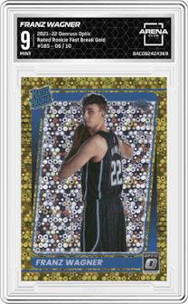 Franz Wagner from the 2021-22 Panini Donruss Optic set featuring a Fast Break Gold  parallel graded by Arena Club and given an overall grade of 9.