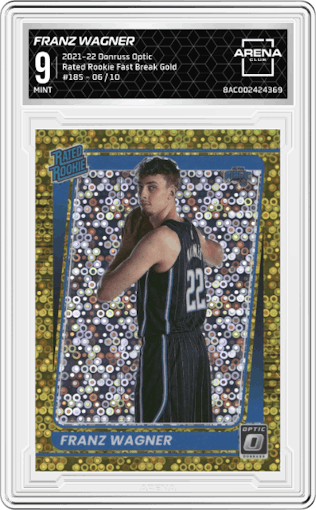 Franz Wagner from the 2021-22 Panini Donruss Optic set featuring a Fast Break Gold  parallel graded by Arena Club and given an overall grade of 9.