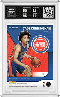 Cade Cunningham from the 2021-22 Panini Revolution  set featuring a Asia parallel graded by Arena Club and given an overall grade of 9.