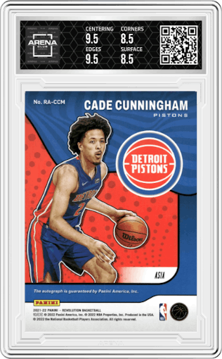 Cade Cunningham from the 2021-22 Panini Revolution  set featuring a Asia parallel graded by Arena Club and given an overall grade of 9.
