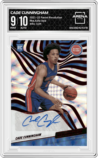 Cade Cunningham from the 2021-22 Panini Revolution  set featuring a Asia parallel graded by Arena Club and given an overall grade of 9.
