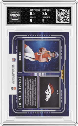 Bo Nix from the 2024 Panini Zenith set featuring a Red parallel graded by Arena Club and given an overall grade of 9.