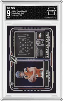 Bo Nix from the 2024 Panini Zenith set featuring a Red parallel graded by Arena Club and given an overall grade of 9.