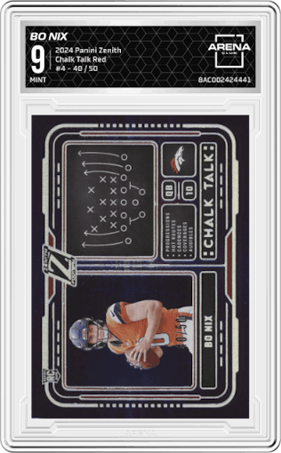 Bo Nix from the 2024 Panini Zenith set featuring a Red parallel graded by Arena Club and given an overall grade of 9.
