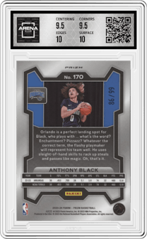 Anthony Black from the 2023-24 Panini Prizm set featuring a Blue Seismic parallel graded by Arena Club and given an overall grade of 10.