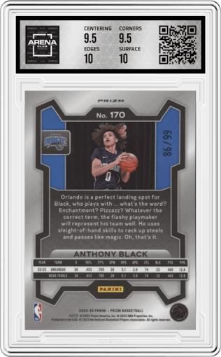Anthony Black from the 2023-24 Panini Prizm set featuring a Blue Seismic parallel graded by Arena Club and given an overall grade of 10.