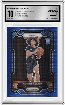 Anthony Black from the 2023-24 Panini Prizm set featuring a Blue Seismic parallel graded by Arena Club and given an overall grade of 10.