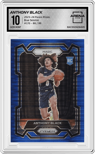 Anthony Black from the 2023-24 Panini Prizm set featuring a Blue Seismic parallel graded by Arena Club and given an overall grade of 10.