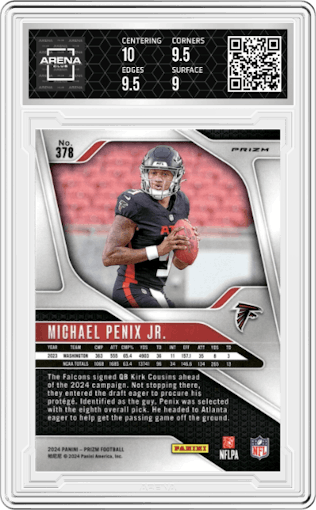 Michael Penix Jr. from the 2024 Panini Prizm set featuring a Neon Green Pulsar  parallel graded by Arena Club and given an overall grade of 9.5.