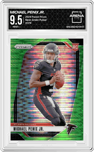 Michael Penix Jr. from the 2024 Panini Prizm set featuring a Neon Green Pulsar  parallel graded by Arena Club and given an overall grade of 9.5.