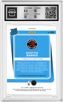 Scottie Barnes from the 2021-22 Panini Donruss Optic set featuring a Fast Break parallel and given an overall grade of 10.