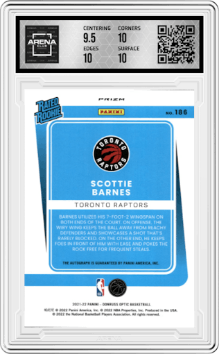 Scottie Barnes from the 2021-22 Panini Donruss Optic set featuring a Fast Break parallel graded by Arena Club and given an overall grade of 10.