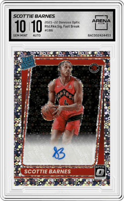 Scottie Barnes from the 2021-22 Panini Donruss Optic set featuring a Fast Break parallel and given an overall grade of 10.