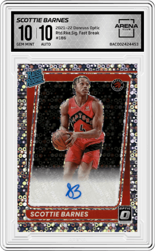 Scottie Barnes from the 2021-22 Panini Donruss Optic set featuring a Fast Break parallel graded by Arena Club and given an overall grade of 10.