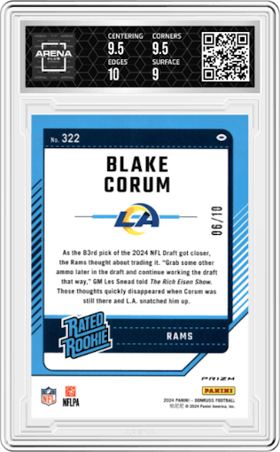Blake Corum from the 2024 Donruss set featuring a Gold Ice parallel graded by Arena Club and given an overall grade of 9.5.