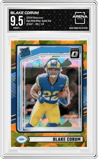 Blake Corum from the 2024 Donruss set featuring a Gold Ice parallel graded by Arena Club and given an overall grade of 9.5.