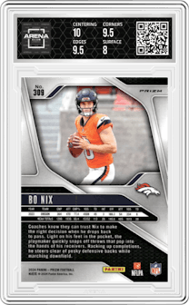 Bo Nix from the 2024 Panini Prizm set featuring a Silver Prizm parallel graded by Arena Club and given an overall grade of 8.5.