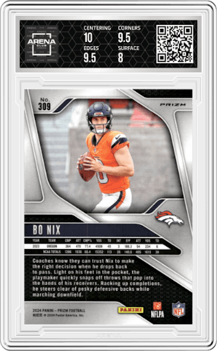 Bo Nix from the 2024 Panini Prizm set featuring a Silver Prizm parallel graded by Arena Club and given an overall grade of 8.5.