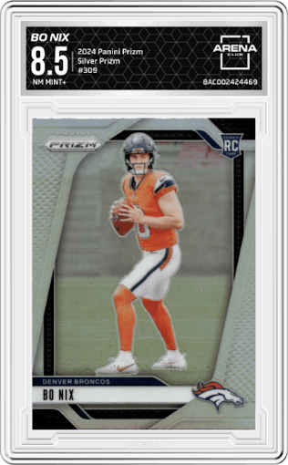 Bo Nix from the 2024 Panini Prizm set featuring a Silver Prizm parallel graded by Arena Club and given an overall grade of 8.5.