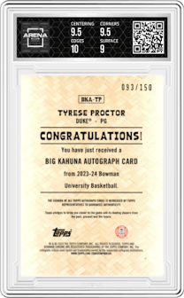 Tyrese Proctor from the 2023-24 Bowman U Chrome set graded by Arena Club and given an overall grade of 9.5.