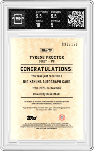 Tyrese Proctor from the 2023-24 Bowman U Chrome set graded by Arena Club and given an overall grade of 9.5.