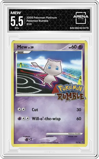 Mew from the 2009 Pokemon Platinum set graded by Arena Club and given an overall grade of 5.5.
