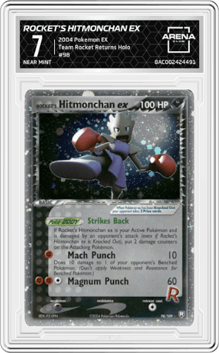 Rocket's Hitmonchan ex from the 2004 Pokemon EX set graded by Arena Club and given an overall grade of 7.