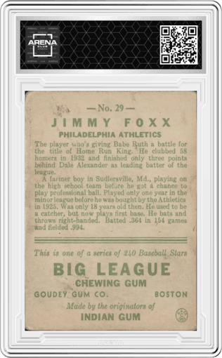 Jimmy Foxx from the 1933 Goudey set graded by Arena Club.