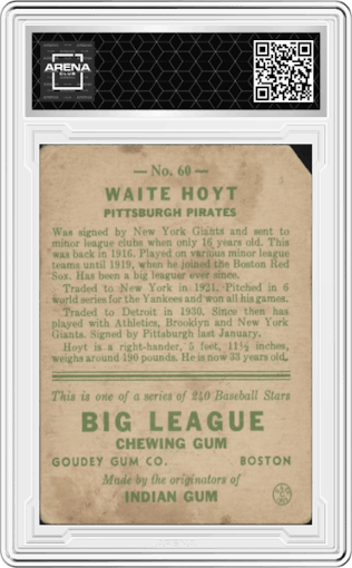 Waite Hoyt from the 1933 Goudey set graded by Arena Club.