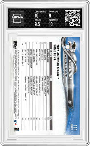 Aaron Judge from the 2018 Topps Series 1 set graded by Arena Club and given an overall grade of 9.5.