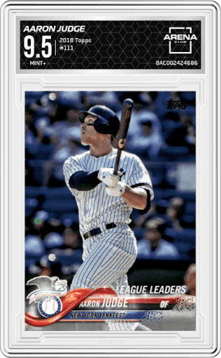 Aaron Judge from the 2018 Topps Series 1 set graded by Arena Club and given an overall grade of 9.5.