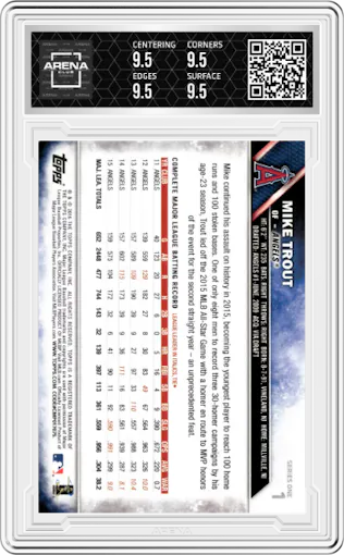 Mike Trout from the 2016 Topps Series 1 set graded by Arena Club and given an overall grade of 9.5.