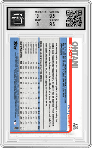 Shohei Ohtani from the 2019 Topps Series 1 set graded by Arena Club and given an overall grade of 10.