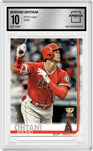 Shohei Ohtani from the 2019 Topps Series 1 set graded by Arena Club and given an overall grade of 10.