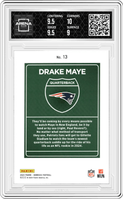 Drake Maye from the 2024 Donruss set and given an overall grade of 9.5.
