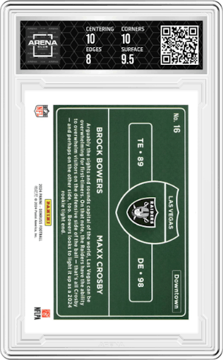 Brock Bowers/Maxx Crosby from the 2024 Donruss set graded by Arena Club and given an overall grade of 8.5.