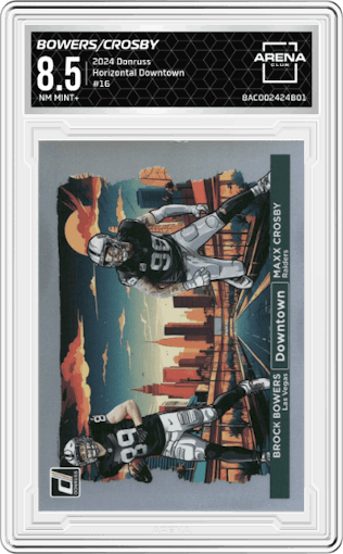 Brock Bowers/Maxx Crosby from the 2024 Donruss set graded by Arena Club and given an overall grade of 8.5.